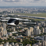 Aeronave elétrica eVTOL em voo sobre uma área urbana, sem textos, letras, números ou placas visíveis.