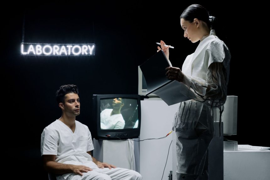 Dois cientistas analisam dados e conduzem uma pesquisa em um laboratório de tecnologia.